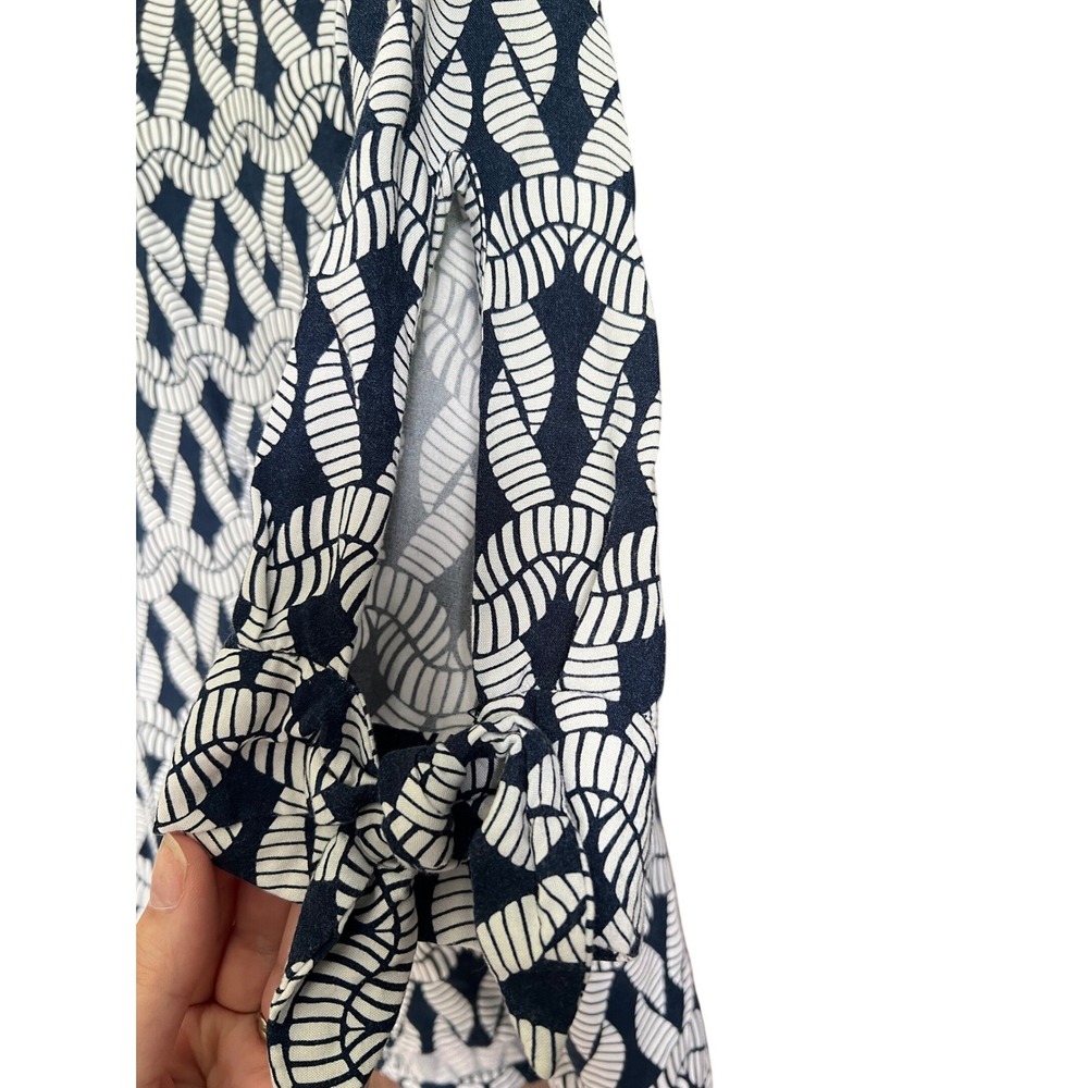 Escapada Living Navy White Geometric Rope Print Boatneck Tie Sleeve Blouse L - Picture 5 of 8